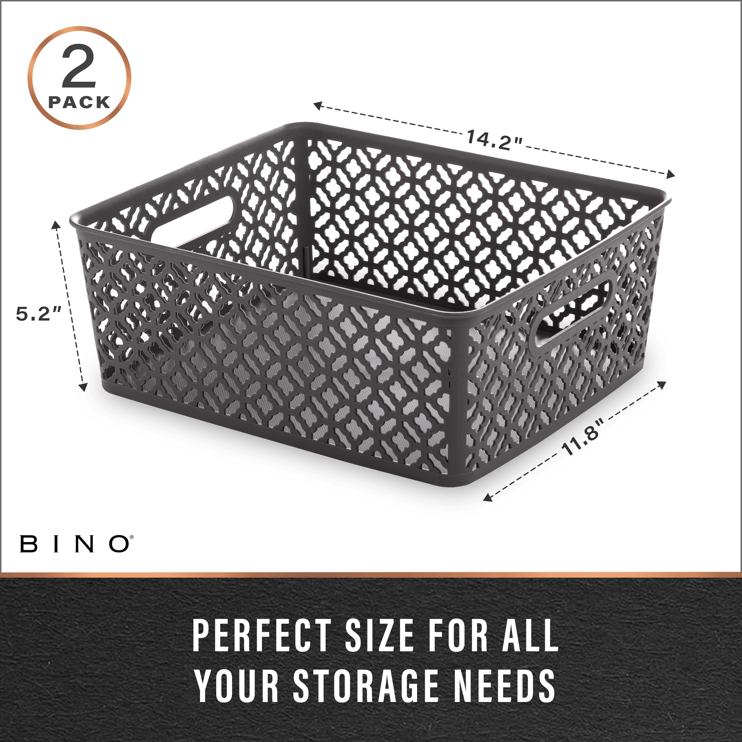 Bino L Plastic Storage Baskets, Large - Grey L The Blossom Collection L Multi-Use Organizer Bin L Built-In Handles L Plastic Wov